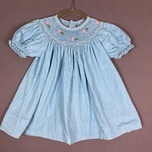 Mom & Me Smocked Dress Blue 3T Pearls Ruffle Sleeve Ric Rac